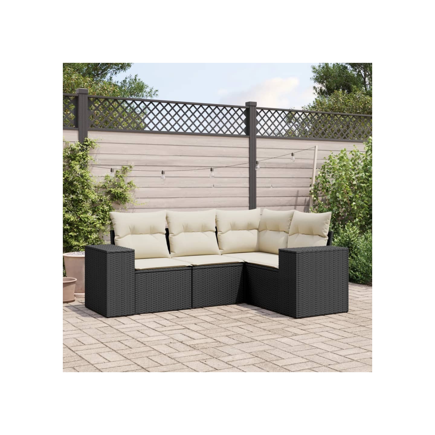 Salon de jardin 4 pcs avec coussins noir résine tressée
