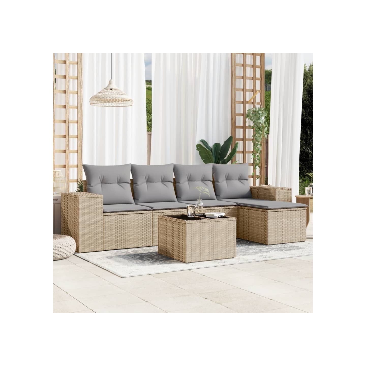 Salon de jardin avec coussins 6 pcs beige résine tressée