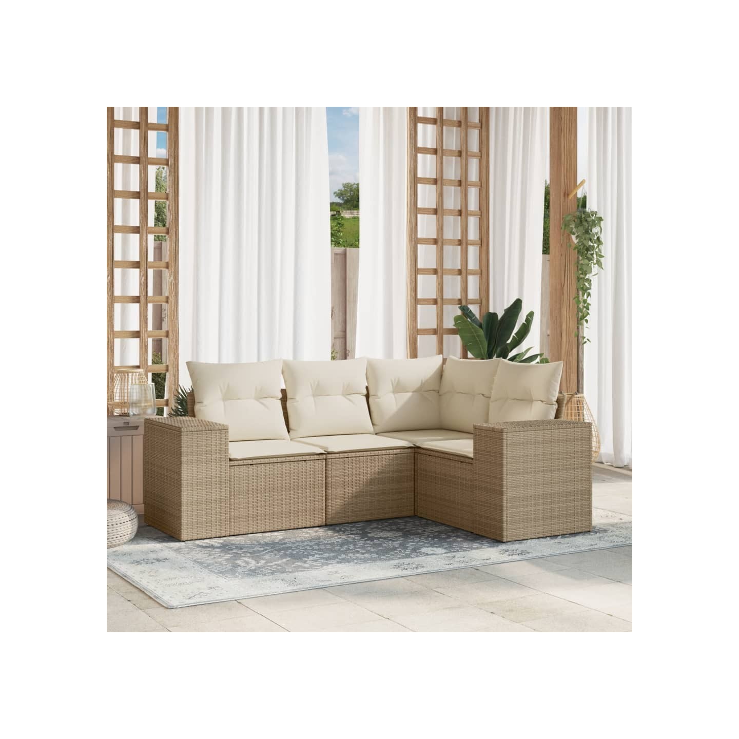 Salon de jardin avec coussins 4 pcs beige résine tressée