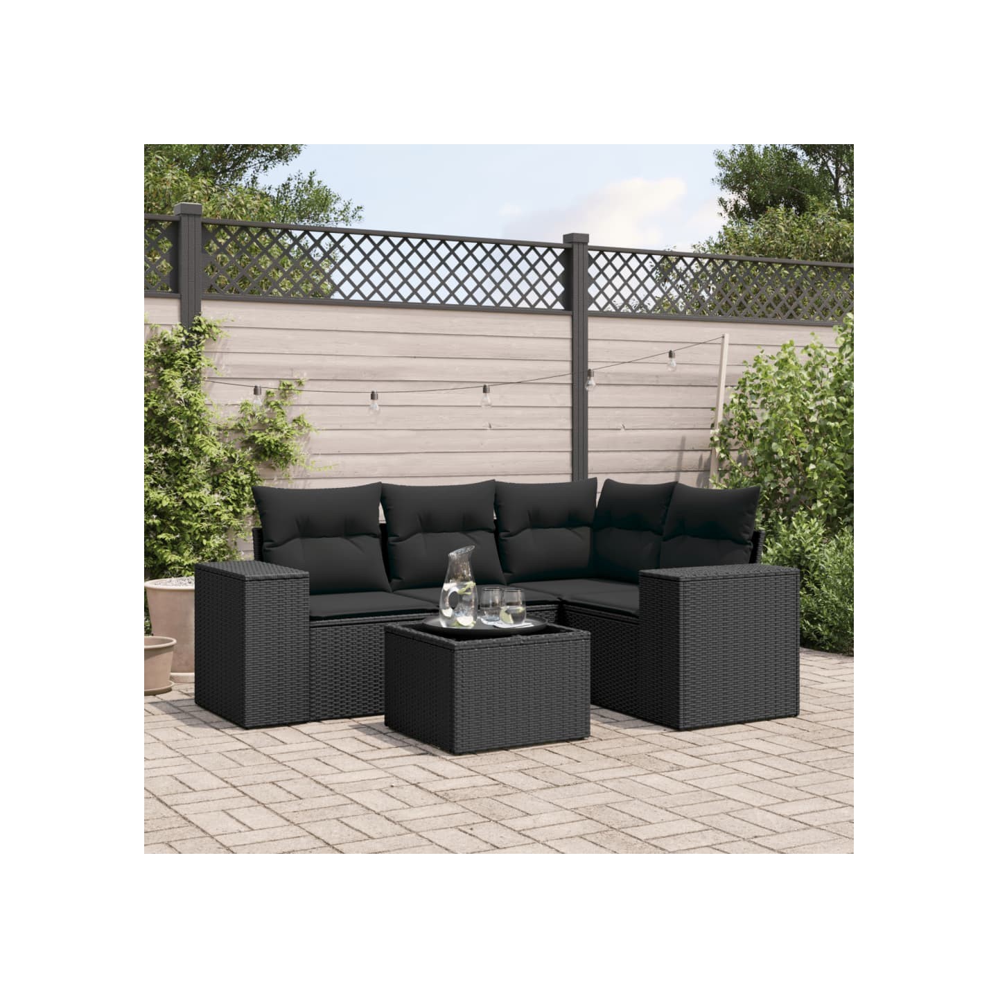 Salon de jardin 5 pcs avec coussins noir résine tressée