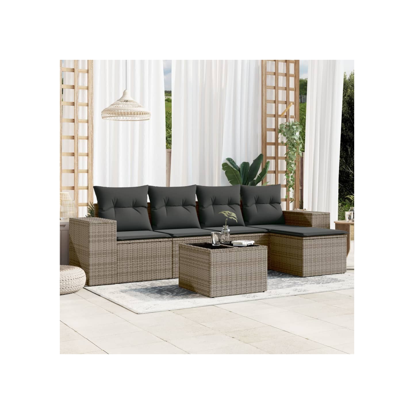 Salon de jardin 6 pcs avec coussins gris résine tressée