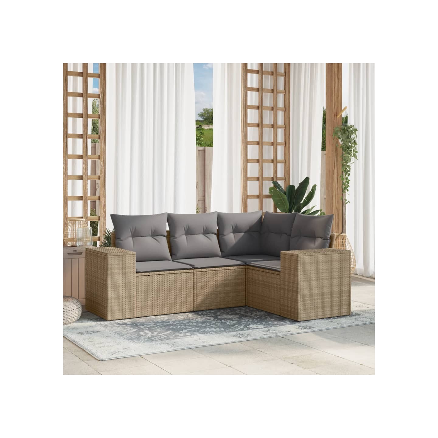 Salon de jardin avec coussins 4 pcs beige résine tressée