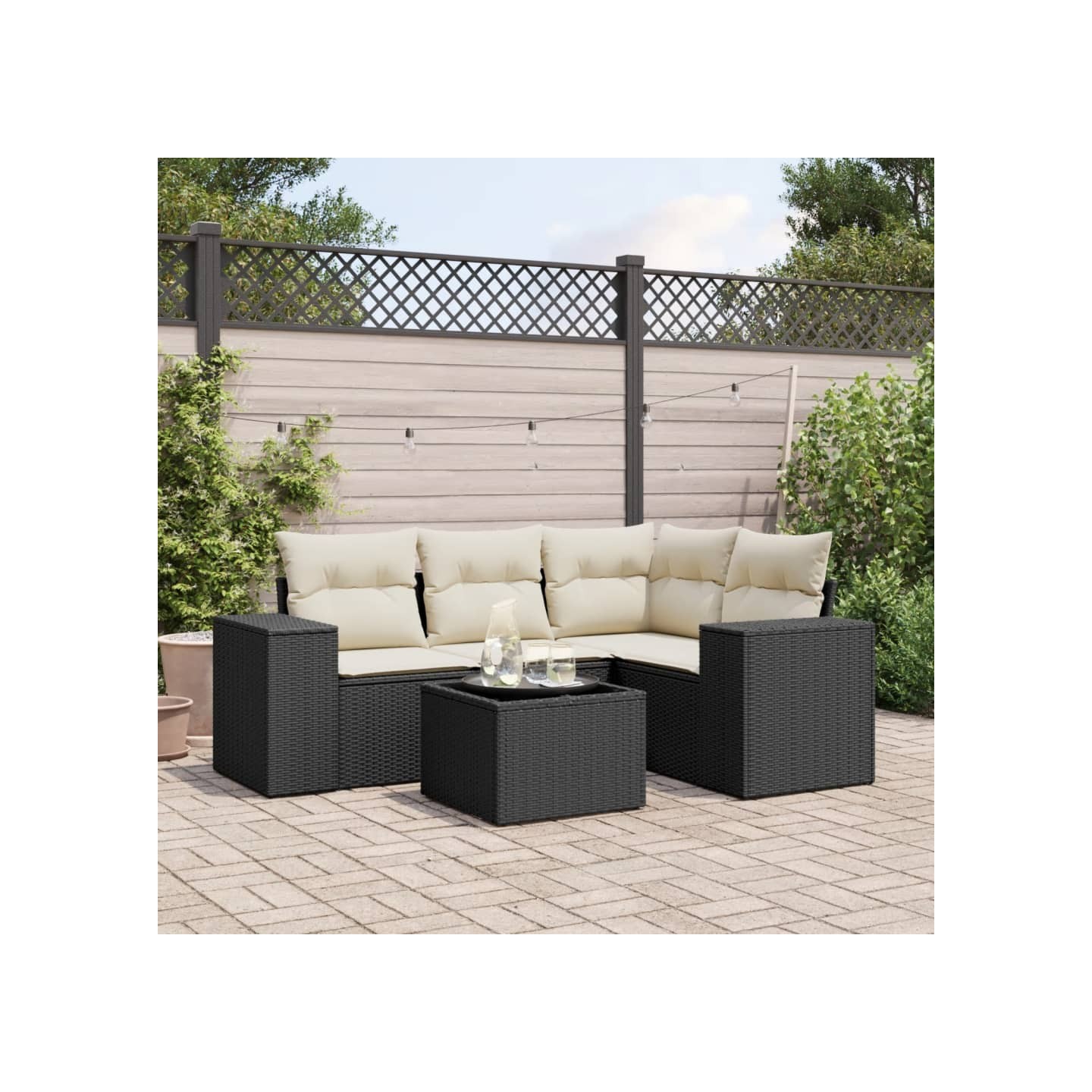 Salon de jardin 5 pcs avec coussins noir résine tressée