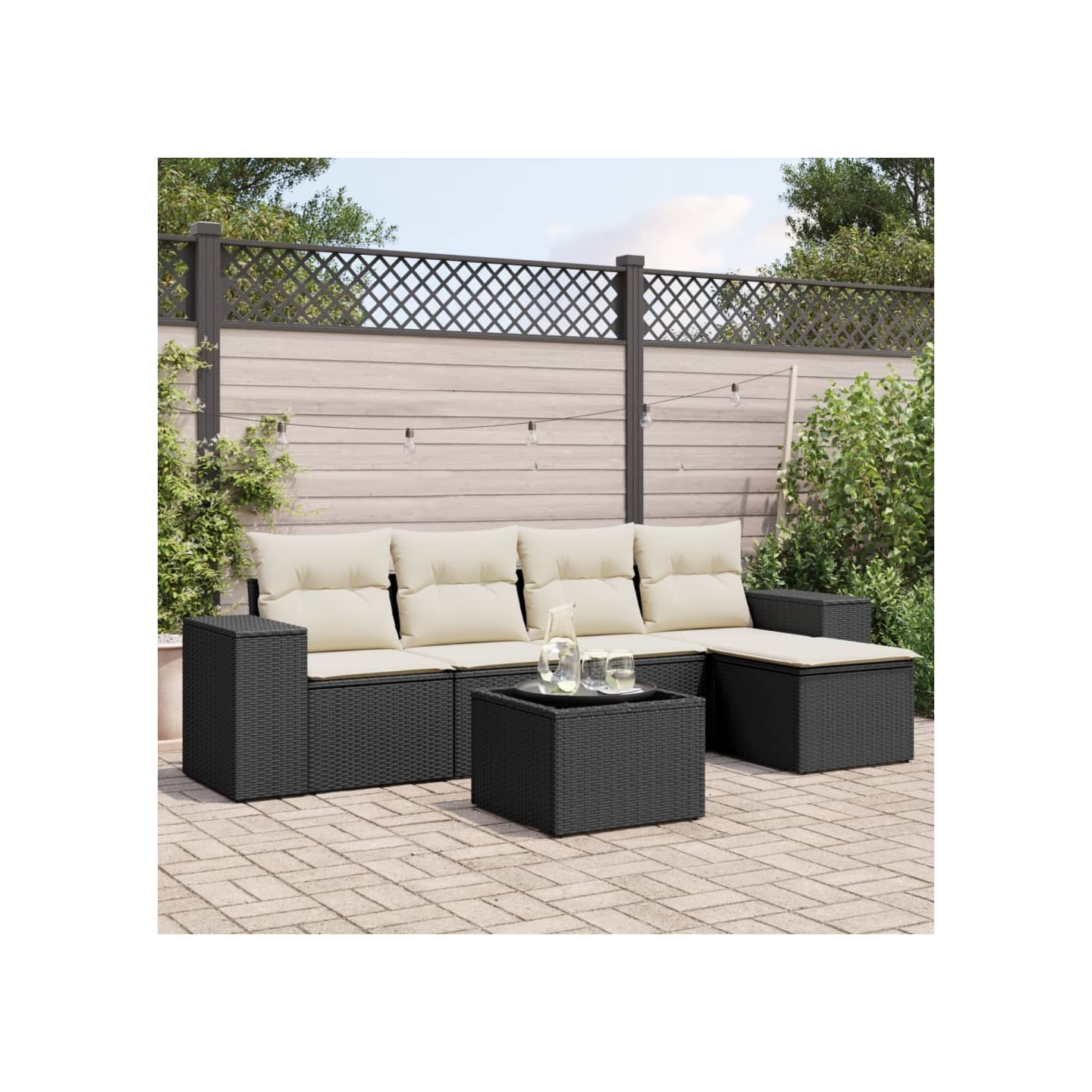 Salon de jardin 6 pcs avec coussins noir résine tressée
