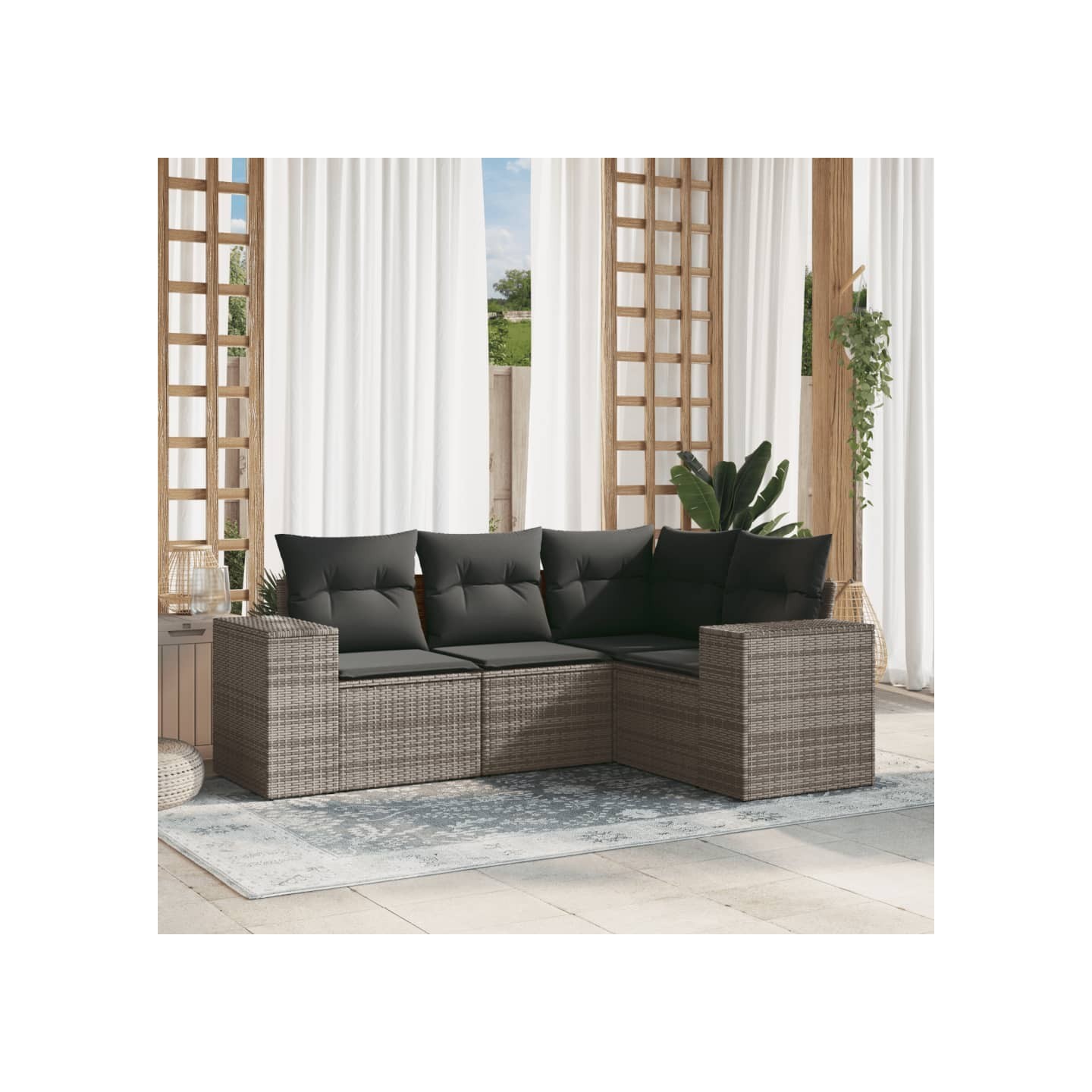 Salon de jardin 4 pcs avec coussins gris résine tressée