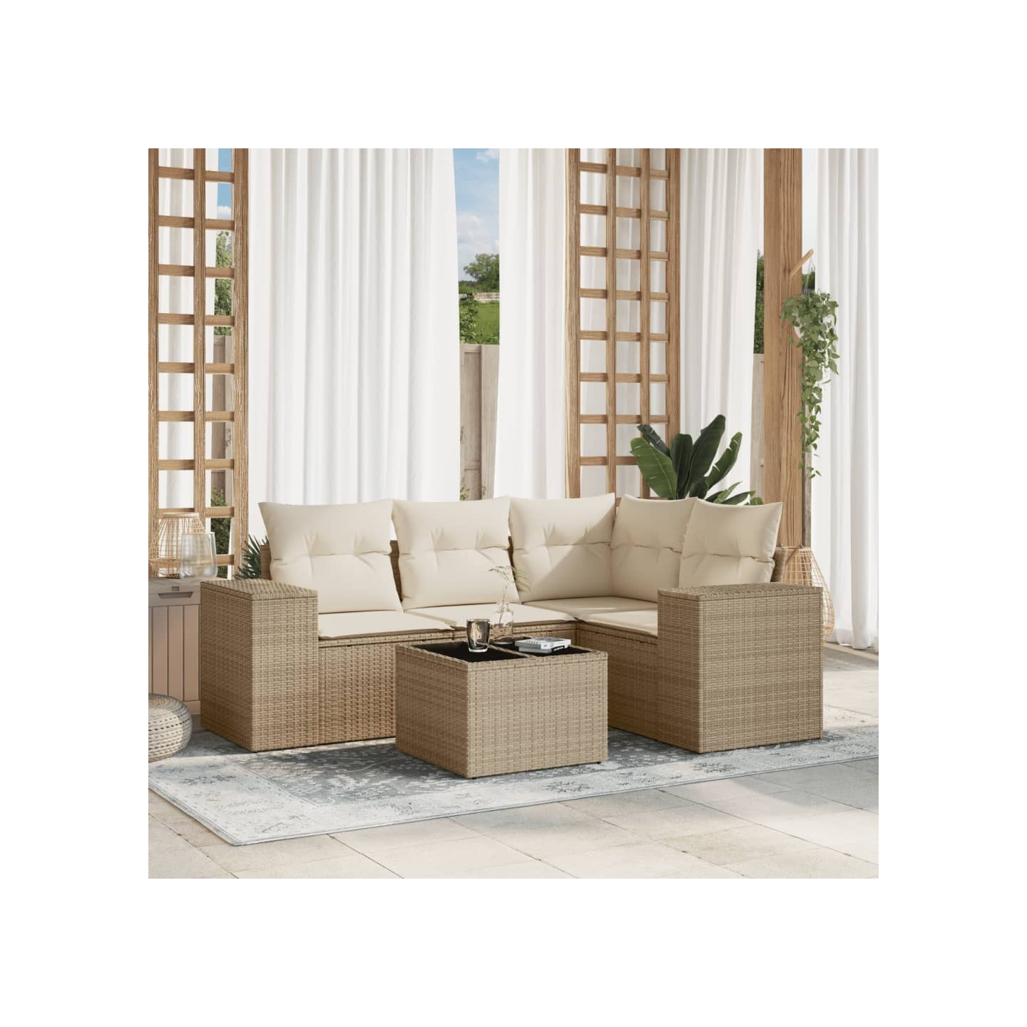 Salon de jardin avec coussins 5 pcs beige résine tressée
