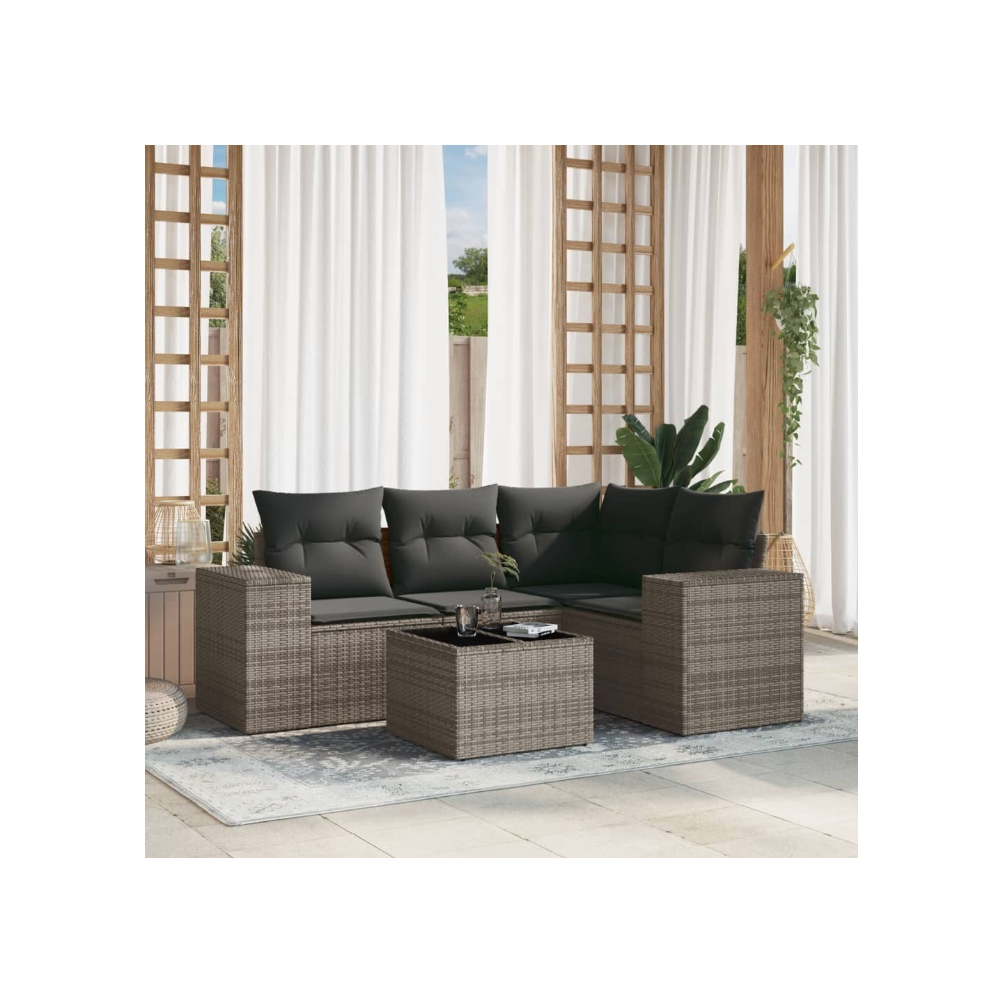 Salon de jardin 5 pcs avec coussins gris résine tressée
