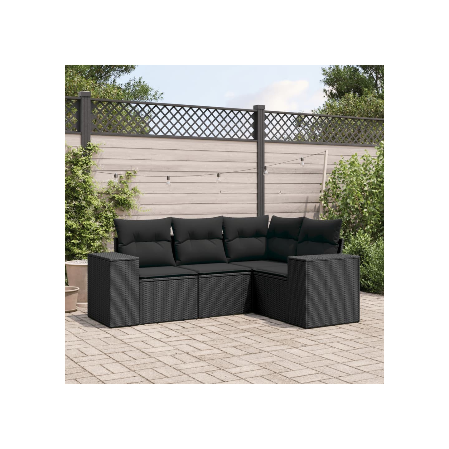 Salon de jardin 4 pcs avec coussins noir résine tressée