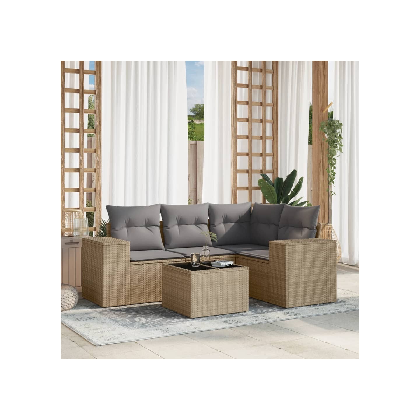 Salon de jardin avec coussins 5 pcs beige résine tressée