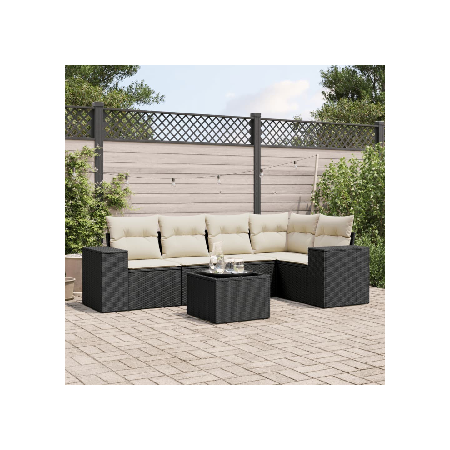 Salon de jardin 6 pcs avec coussins noir résine tressée