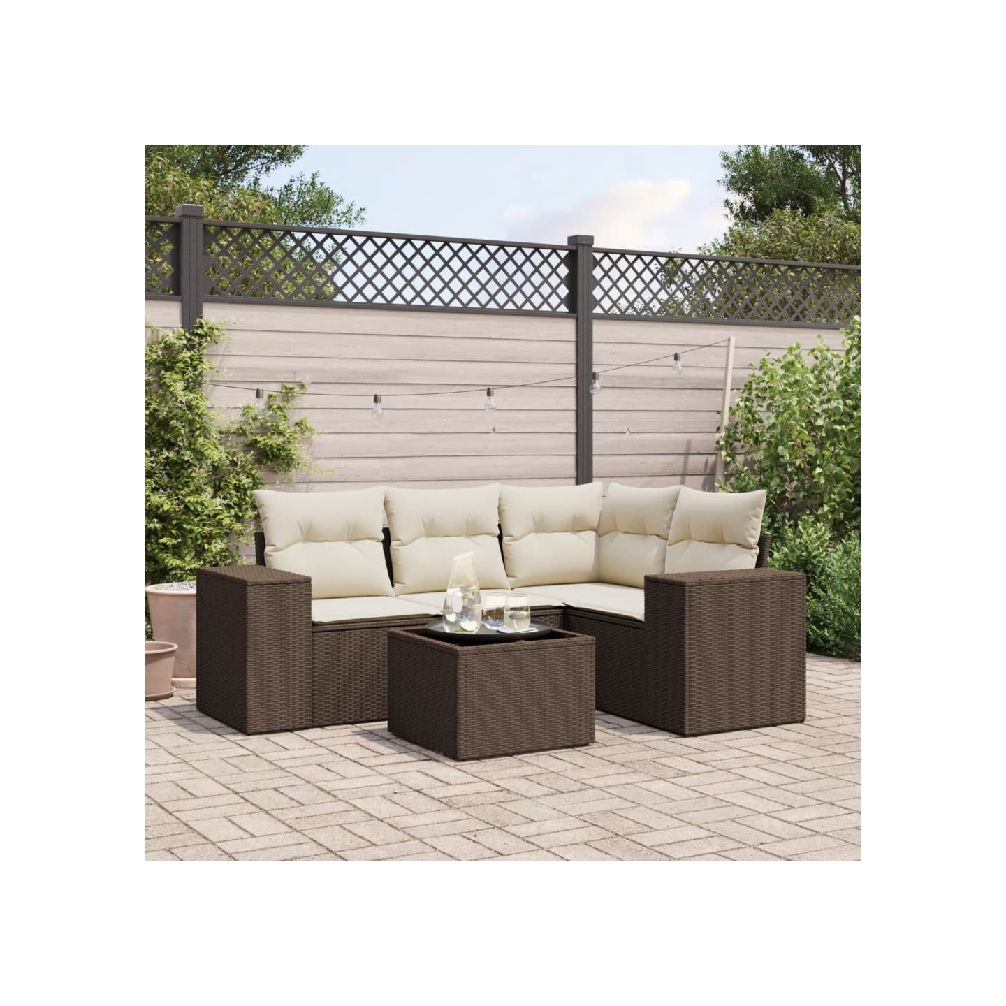 Salon de jardin avec coussins 5 pcs marron résine tressée