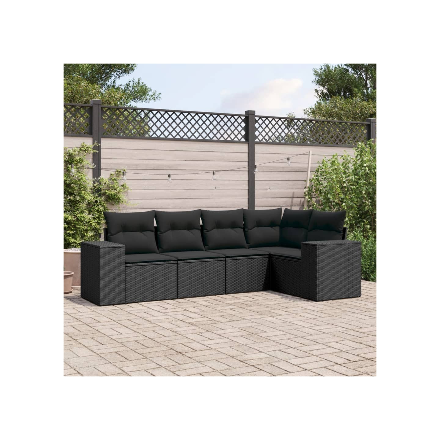 Salon de jardin 5 pcs avec coussins noir résine tressée