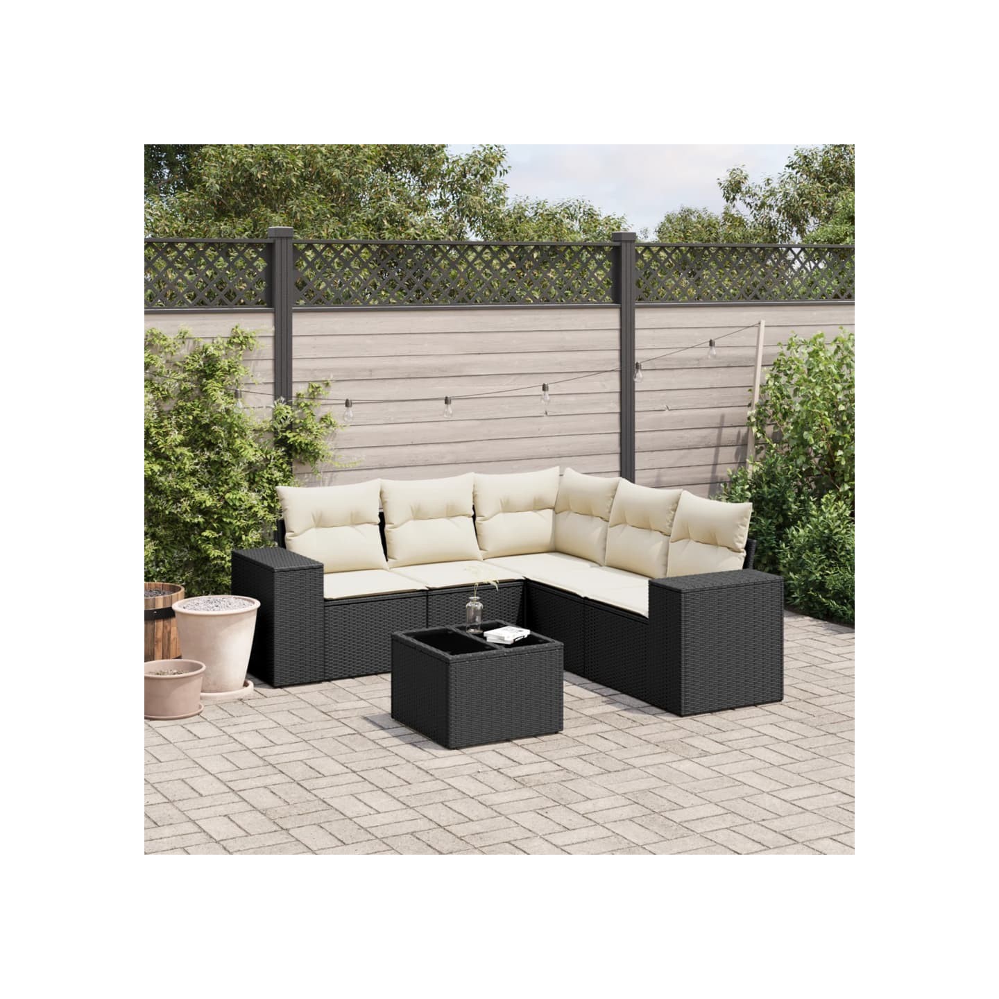 Salon de jardin 6 pcs avec coussins noir résine tressée
