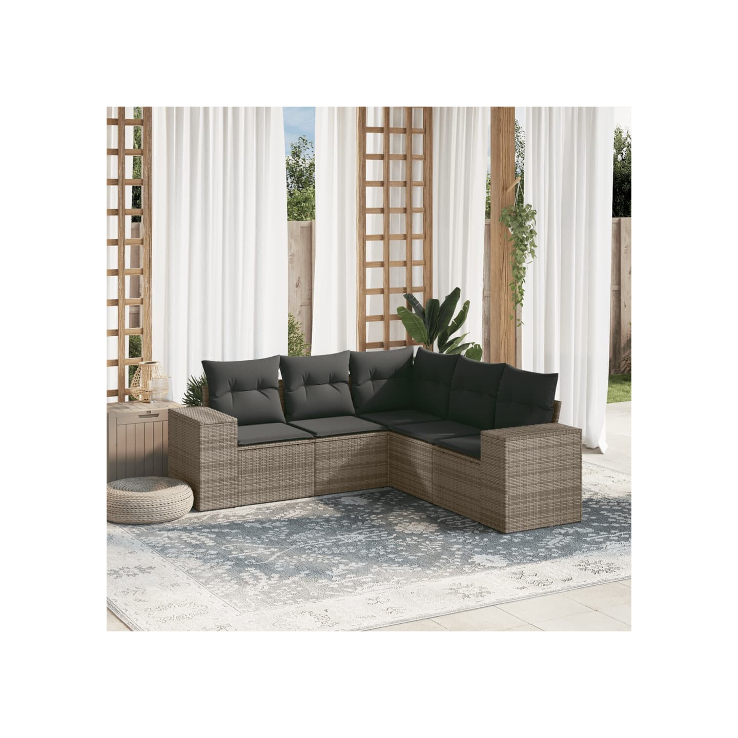 Salon de jardin 5 pcs avec coussins gris résine tressée
