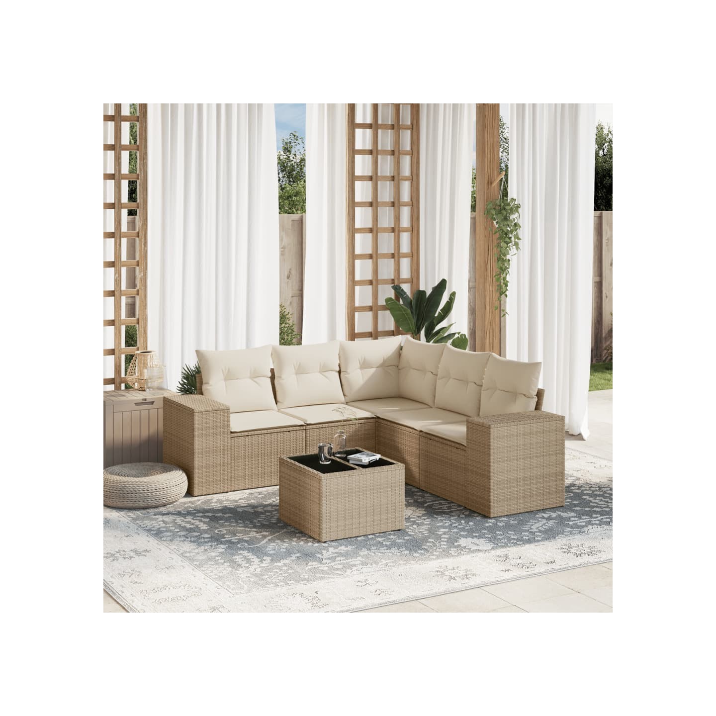 Salon de jardin avec coussins 6 pcs beige résine tressée