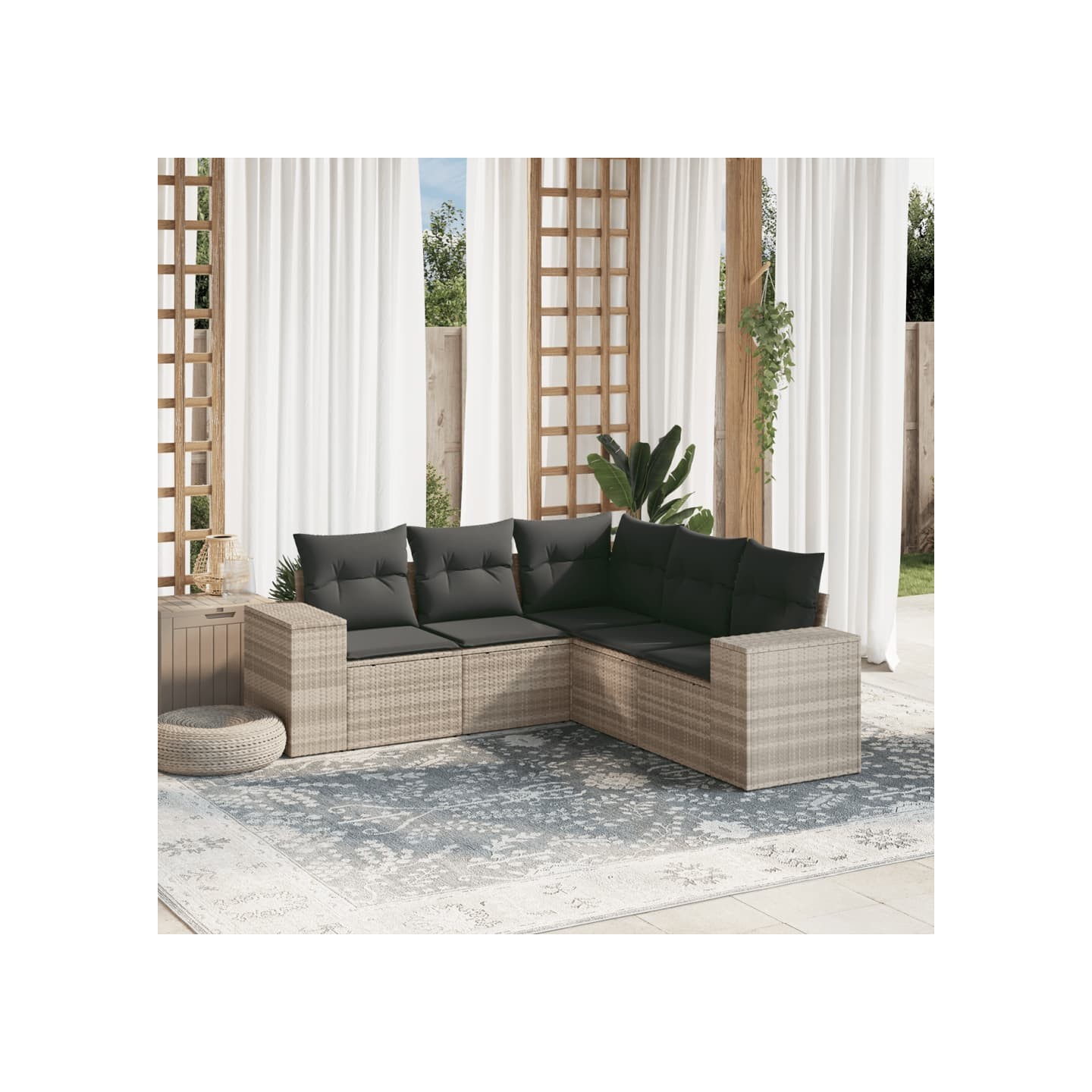 Salon de jardin 5 pcs avec coussins gris clair résine tressée