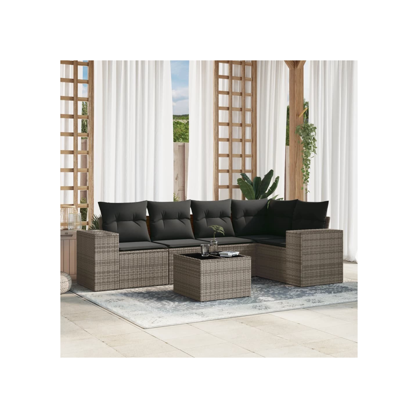 Salon de jardin 6 pcs avec coussins gris résine tressée