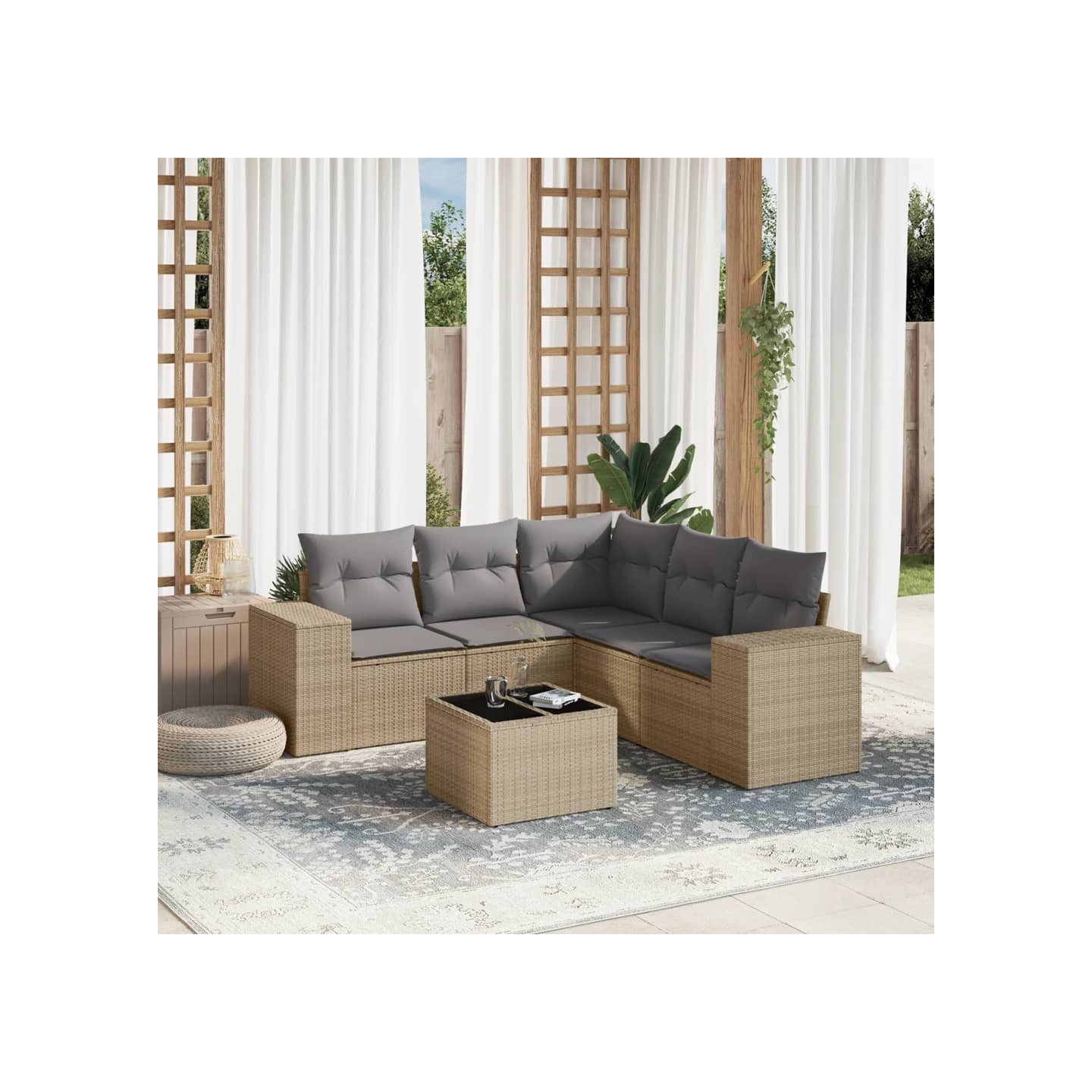 Salon de jardin avec coussins 6 pcs beige résine tressée