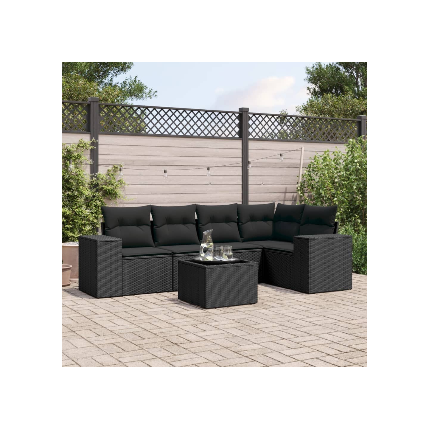 Salon de jardin 6 pcs avec coussins noir résine tressée