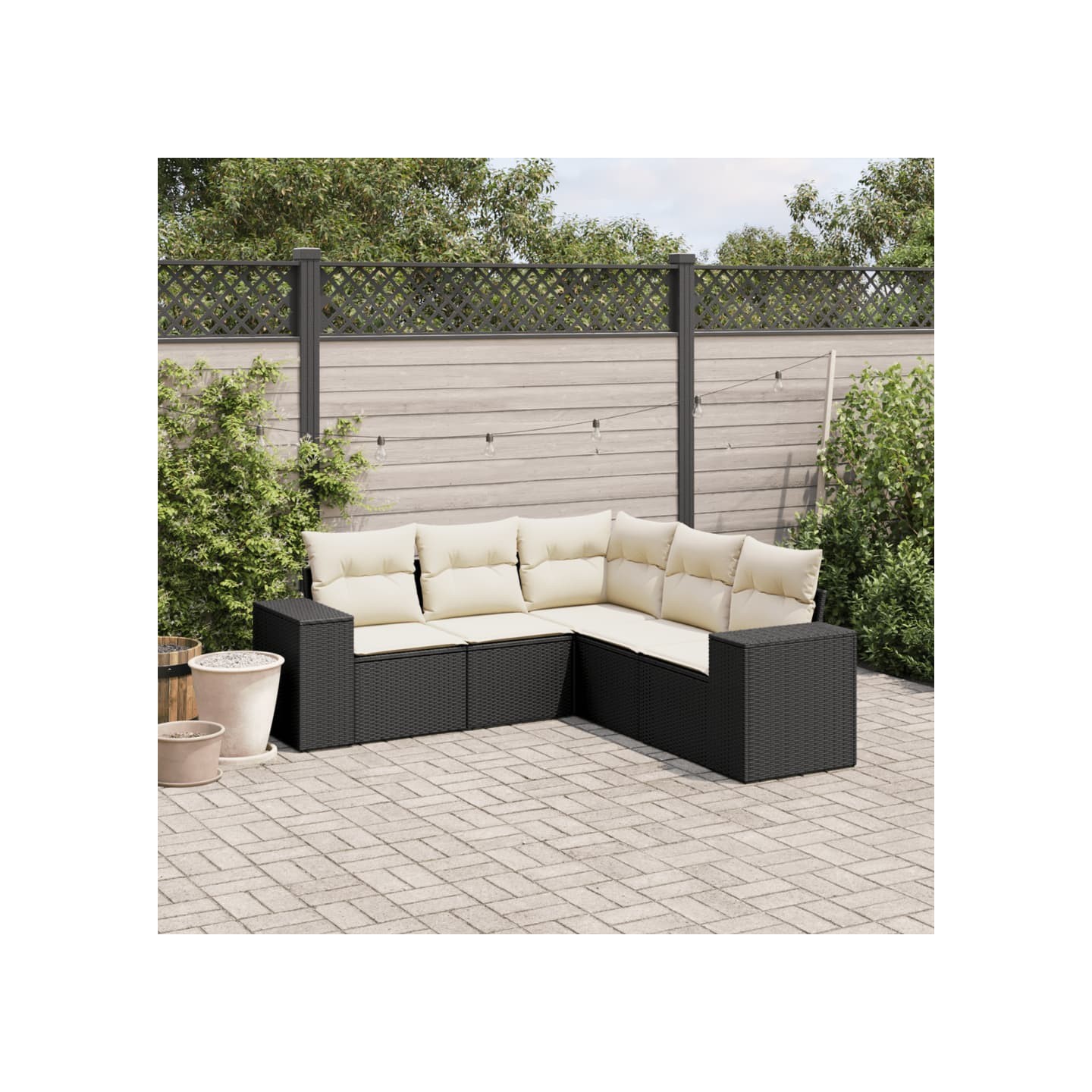 Salon de jardin 5 pcs avec coussins noir résine tressée
