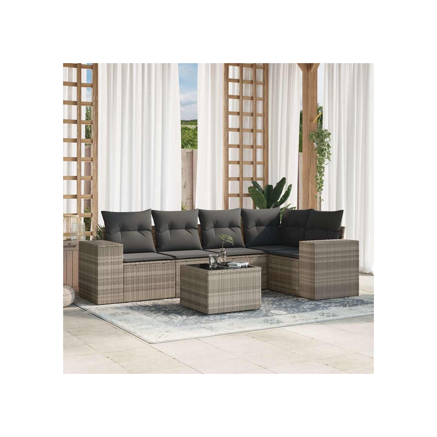 Salon de jardin 6 pcs avec coussins gris clair résine tressée