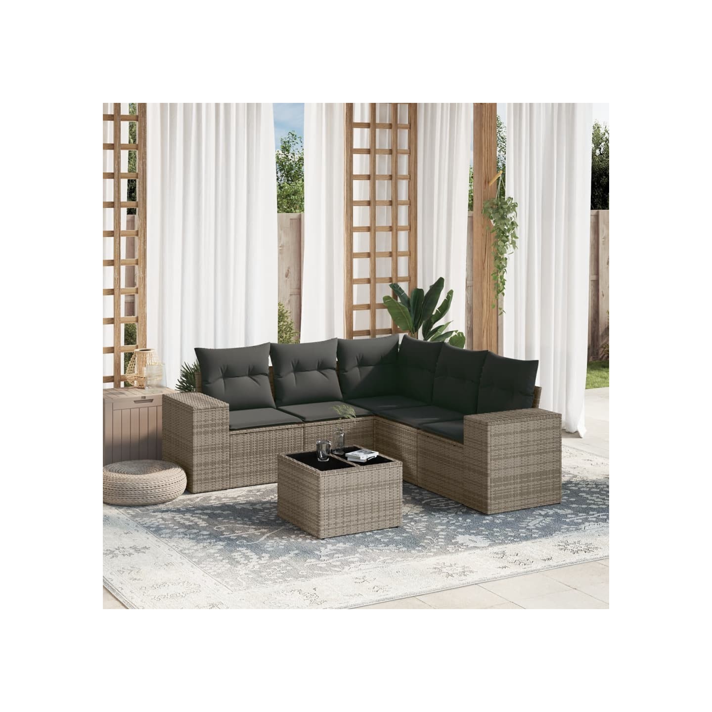 Salon de jardin 6 pcs avec coussins gris résine tressée