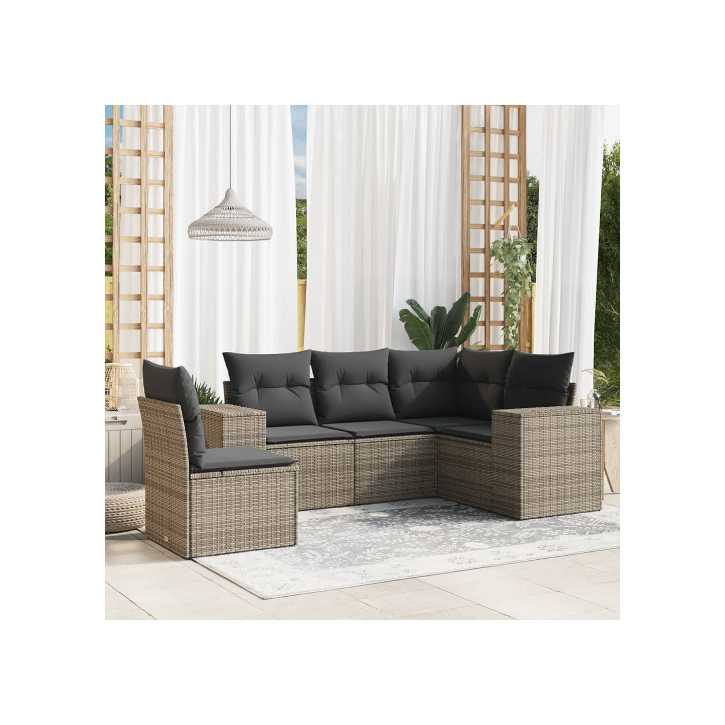 Salon de jardin 5 pcs avec coussins gris résine tressée