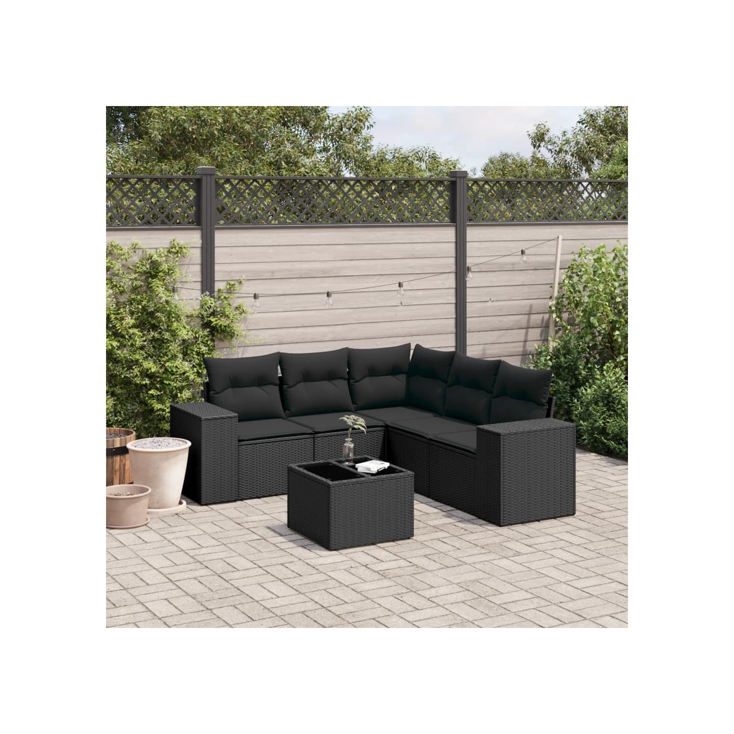 Salon de jardin 6 pcs avec coussins noir résine tressée