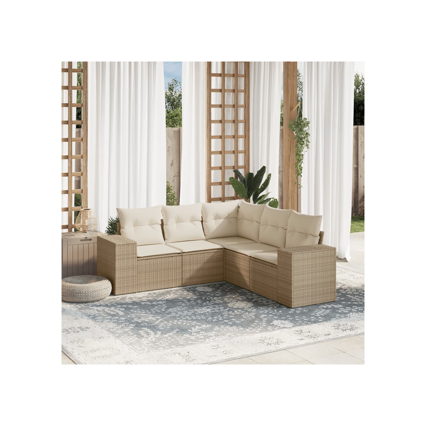 Salon de jardin avec coussins 5 pcs beige résine tressée