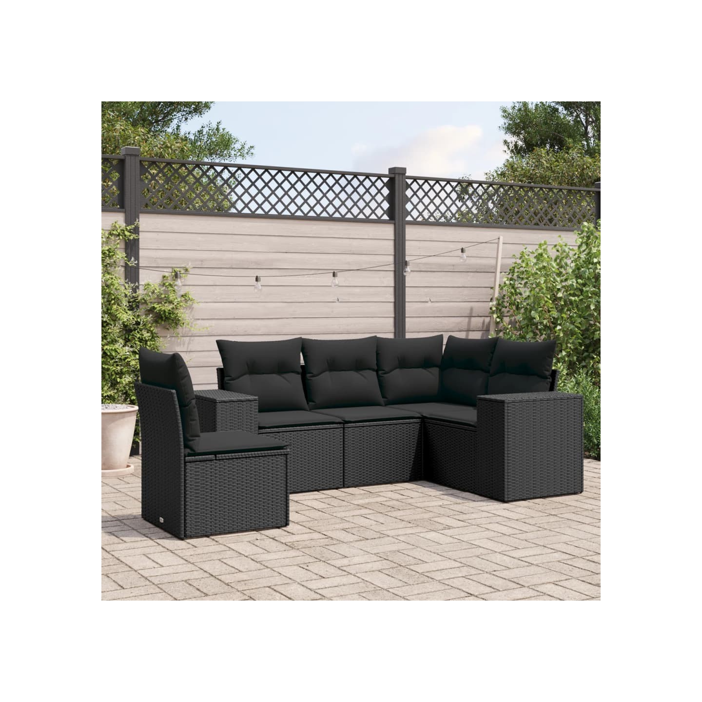 Salon de jardin 5 pcs avec coussins noir résine tressée