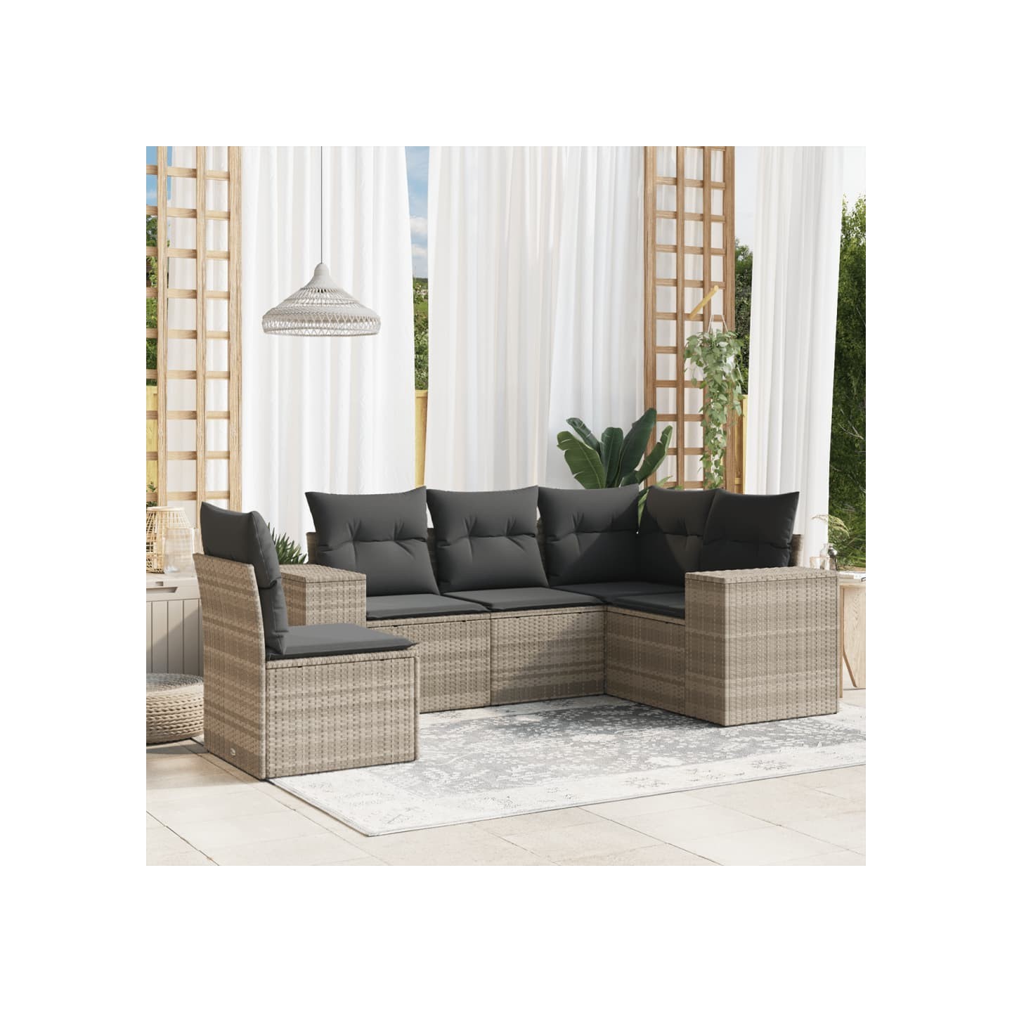 Salon de jardin 5 pcs avec coussins gris clair résine tressée
