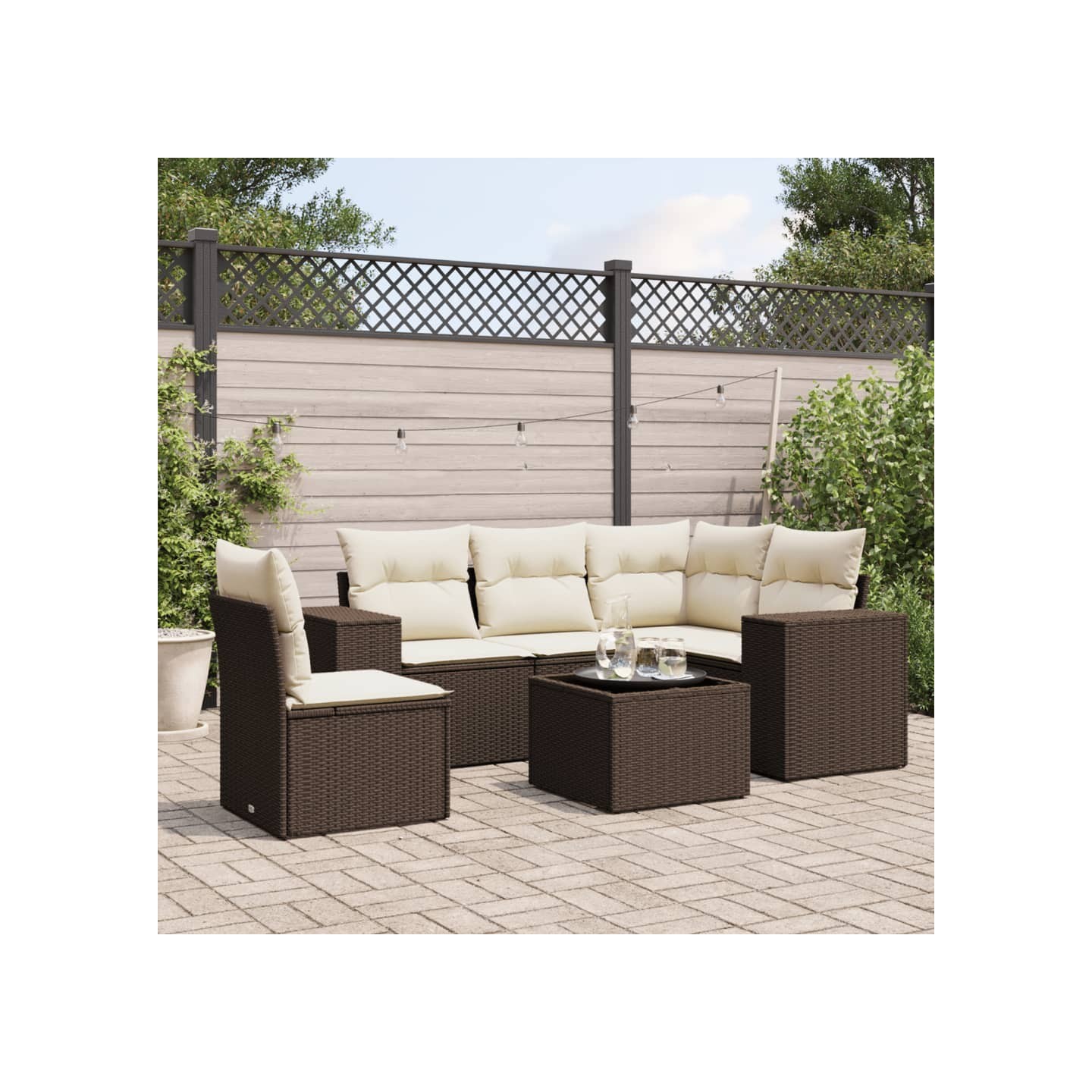 Salon de jardin avec coussins 6 pcs marron résine tressée