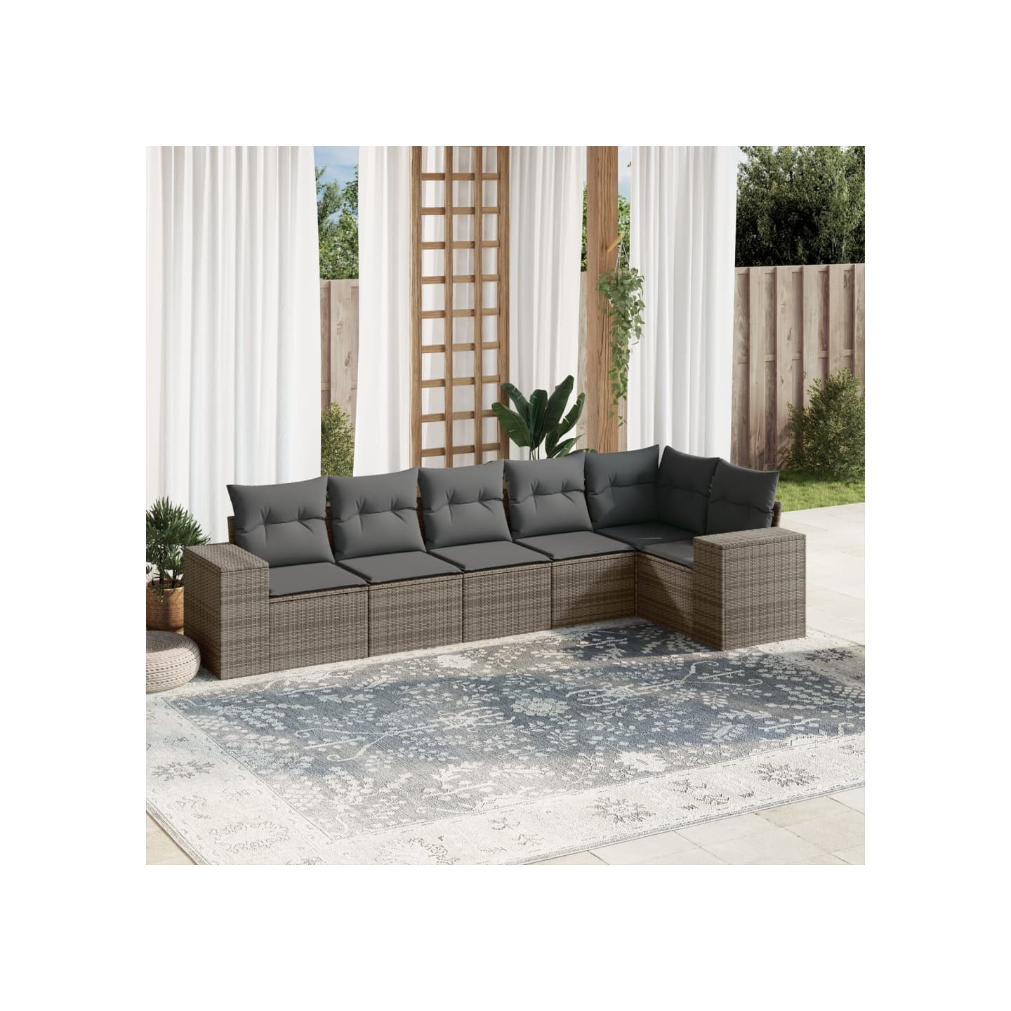 Salon de jardin 6 pcs avec coussins gris résine tressée