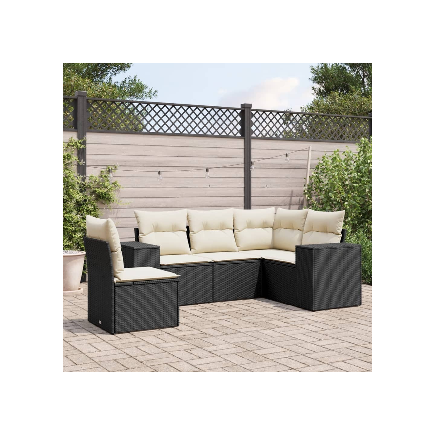 Salon de jardin 5 pcs avec coussins noir résine tressée