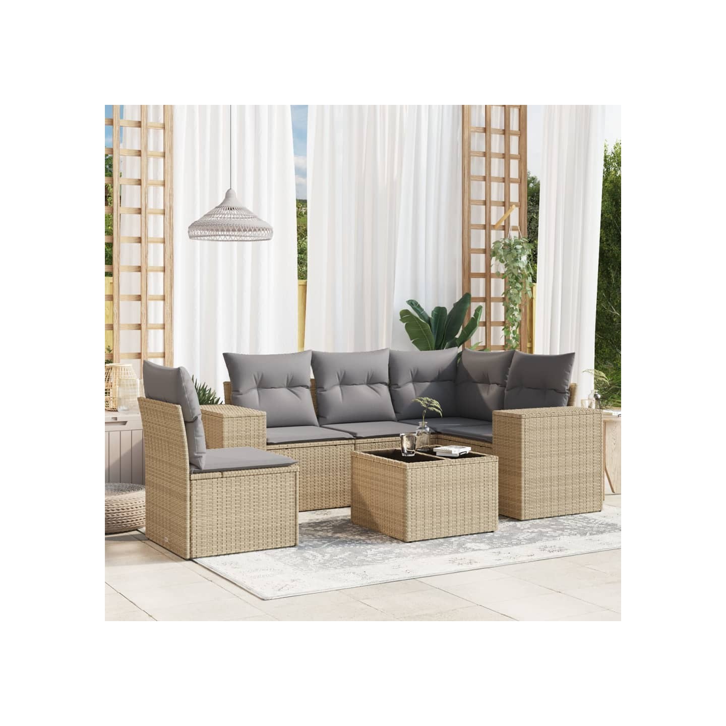 Salon de jardin avec coussins 6 pcs beige résine tressée
