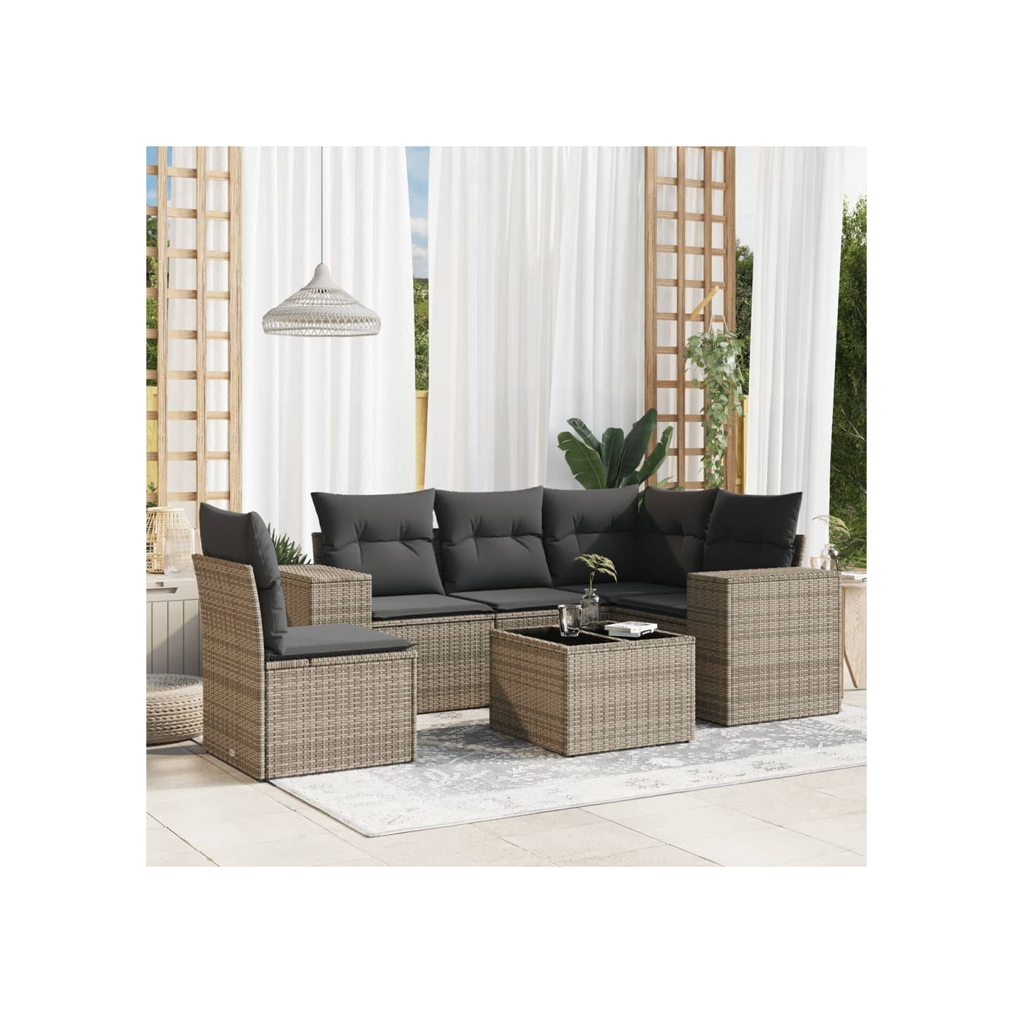 Salon de jardin 6 pcs avec coussins gris résine tressée