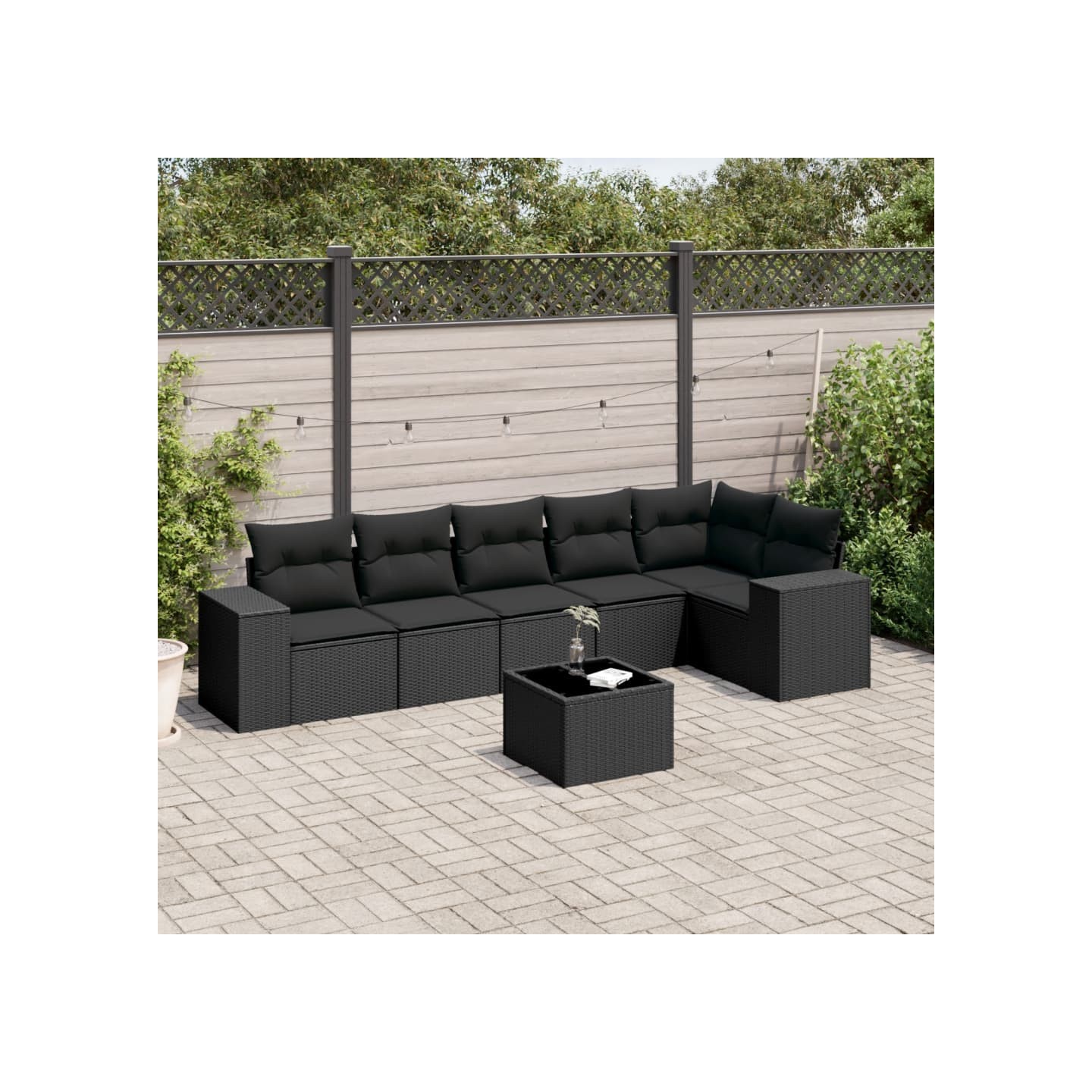 Salon de jardin 7 pcs avec coussins noir résine tressée