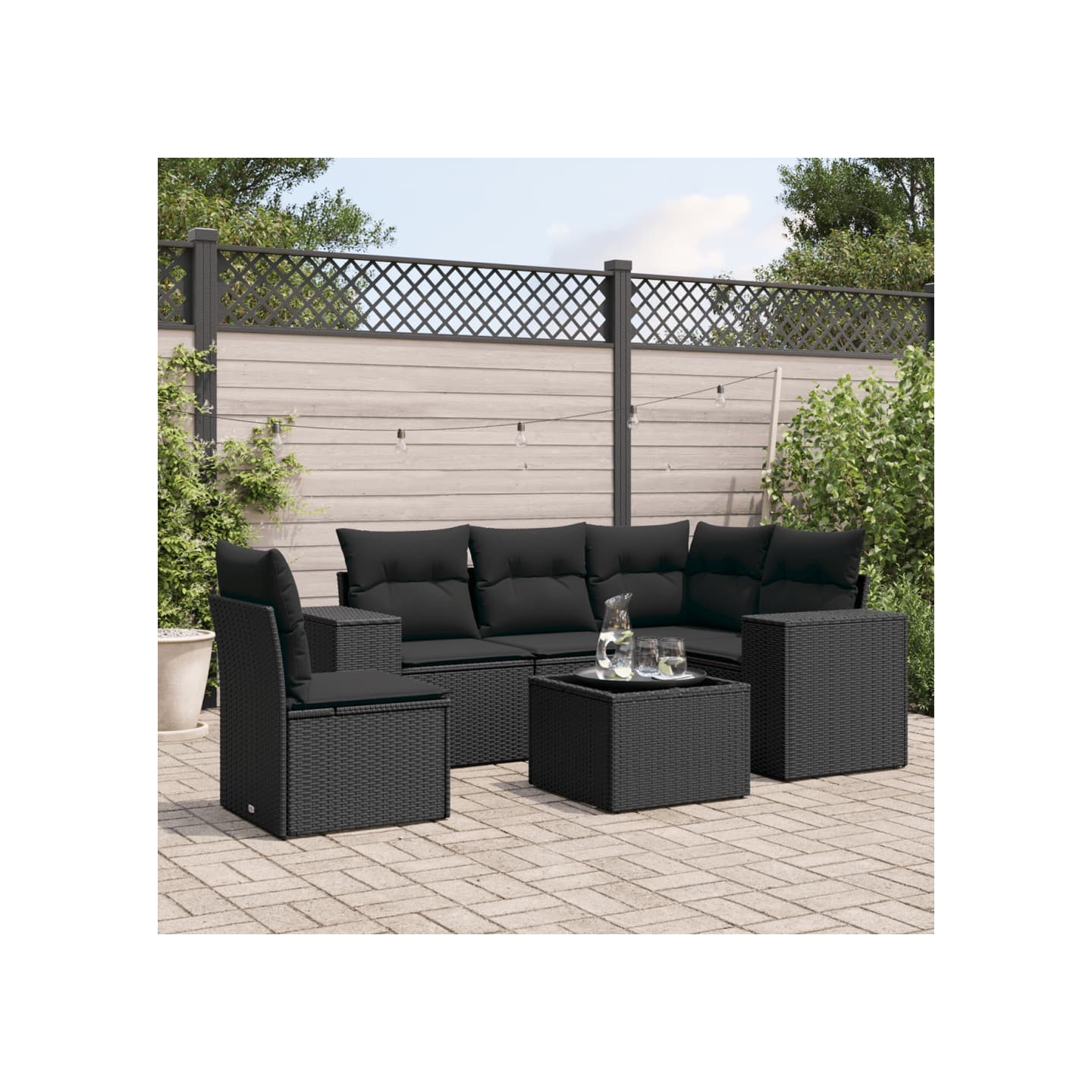 Salon de jardin 6 pcs avec coussins noir résine tressée
