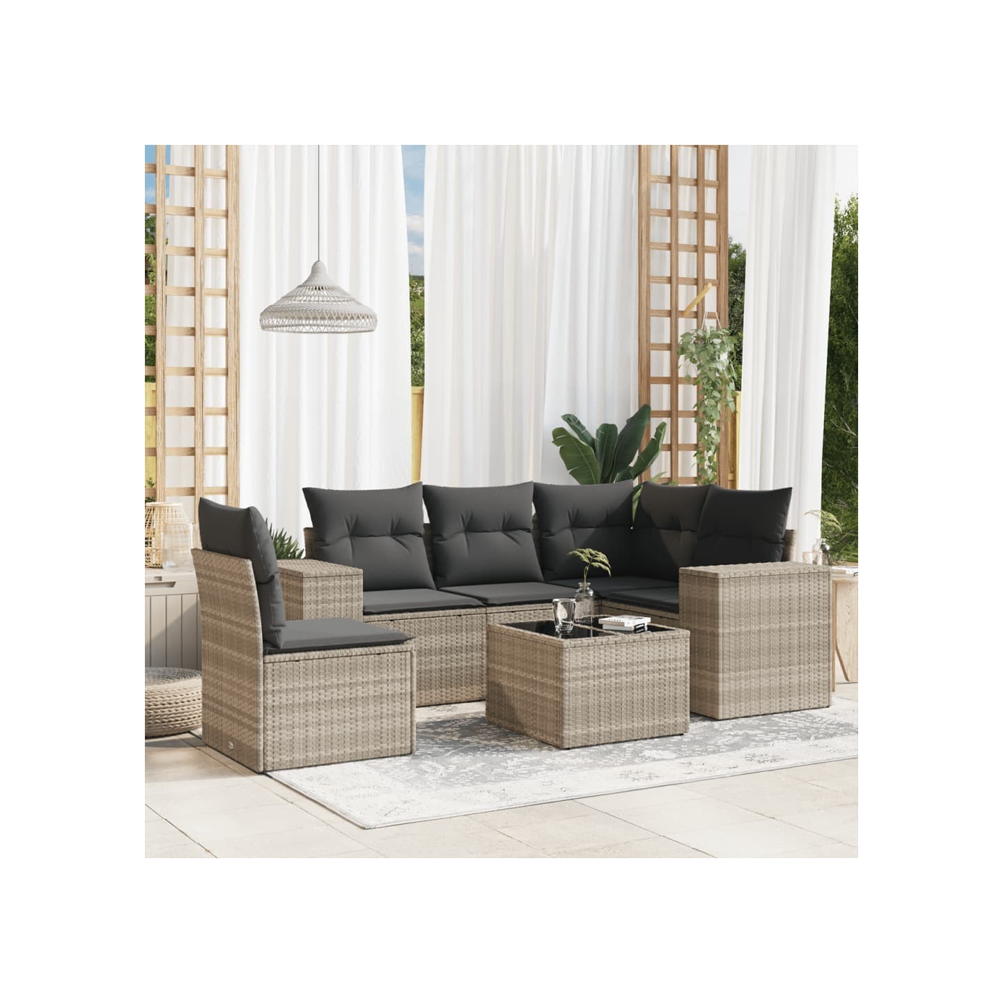 Salon de jardin 6 pcs avec coussins gris clair résine tressée