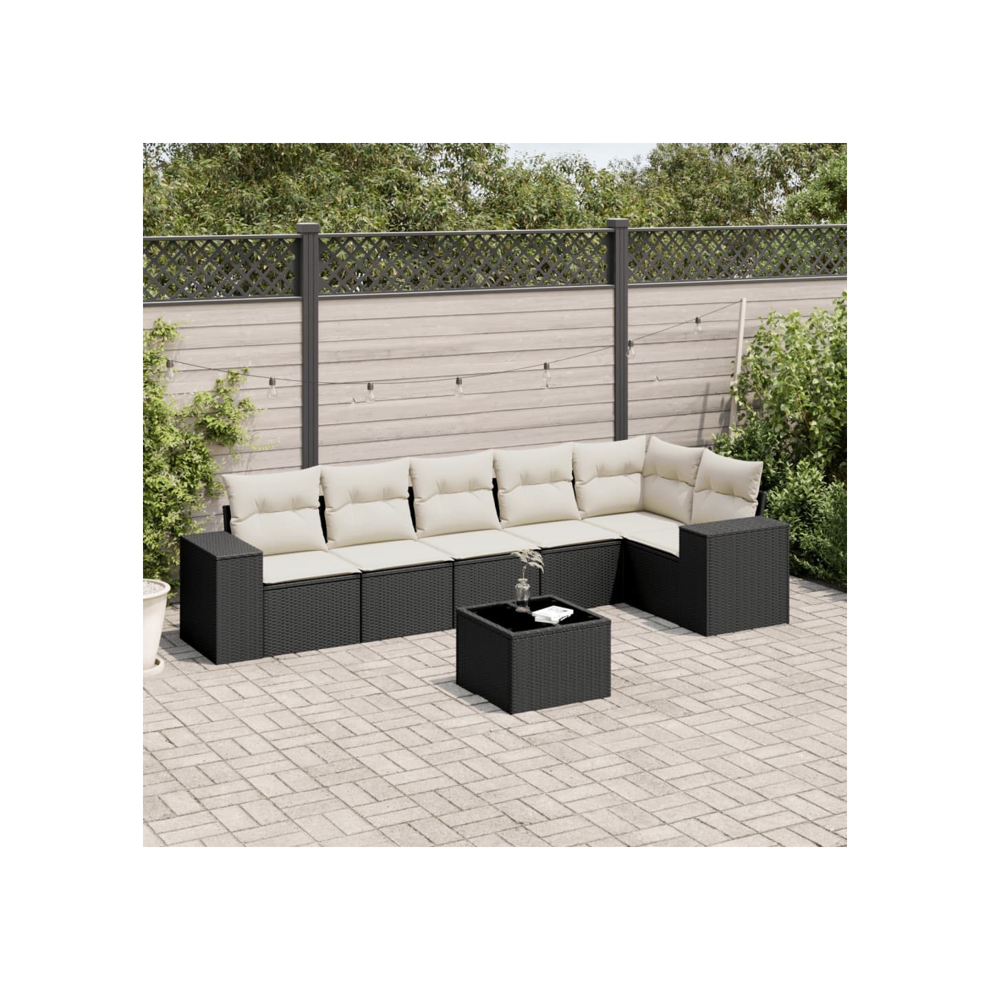Salon de jardin 7 pcs avec coussins noir résine tressée