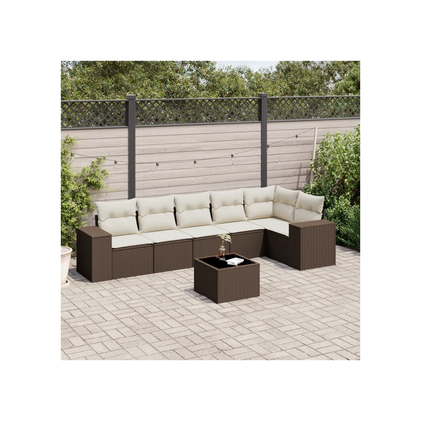 Salon de jardin avec coussins 7 pcs marron résine tressée