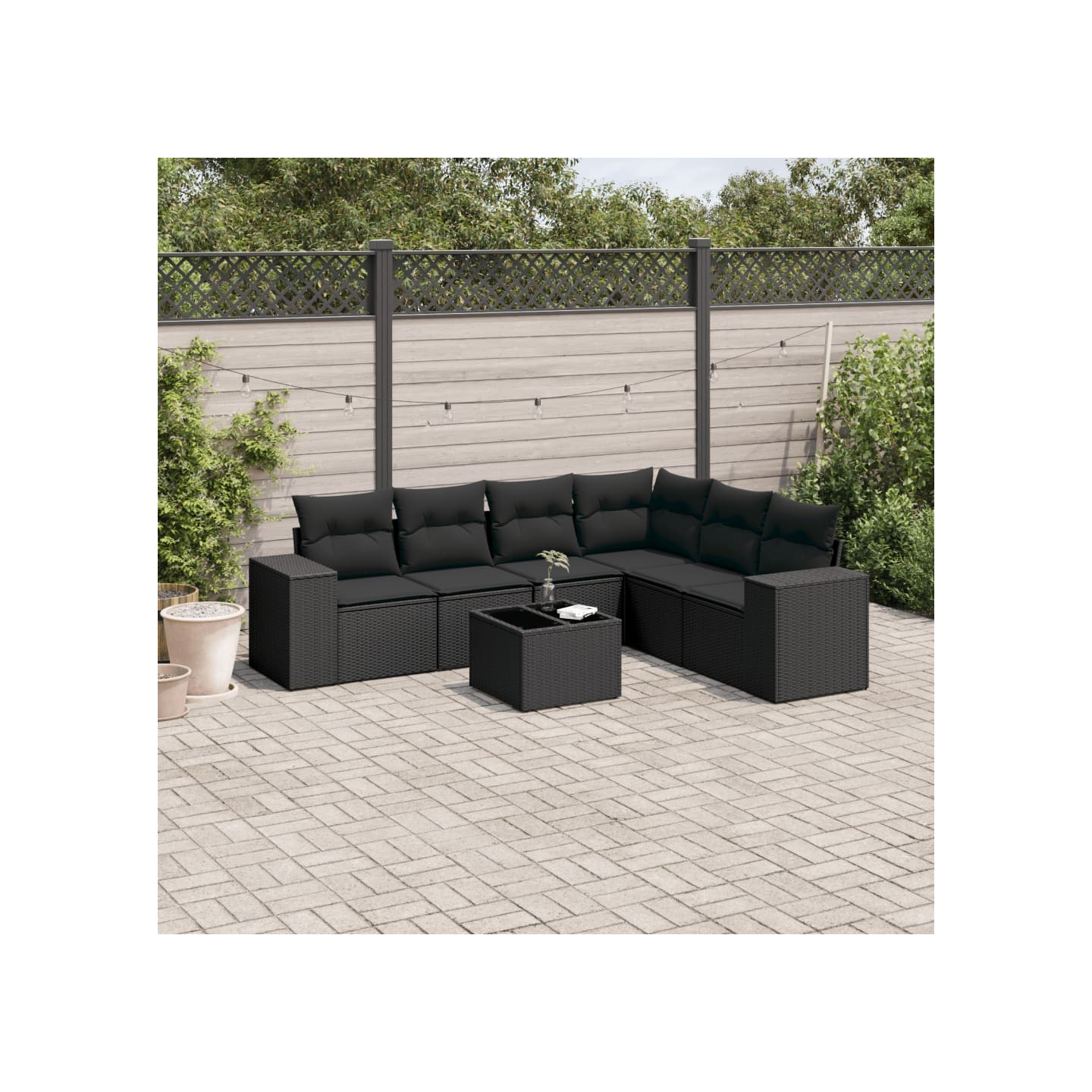 Salon de jardin 7 pcs avec coussins noir résine tressée