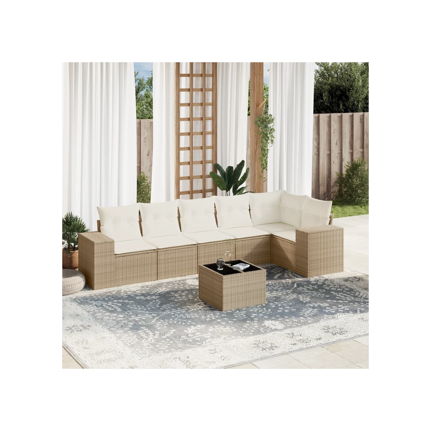 Salon de jardin avec coussins 7 pcs beige résine tressée
