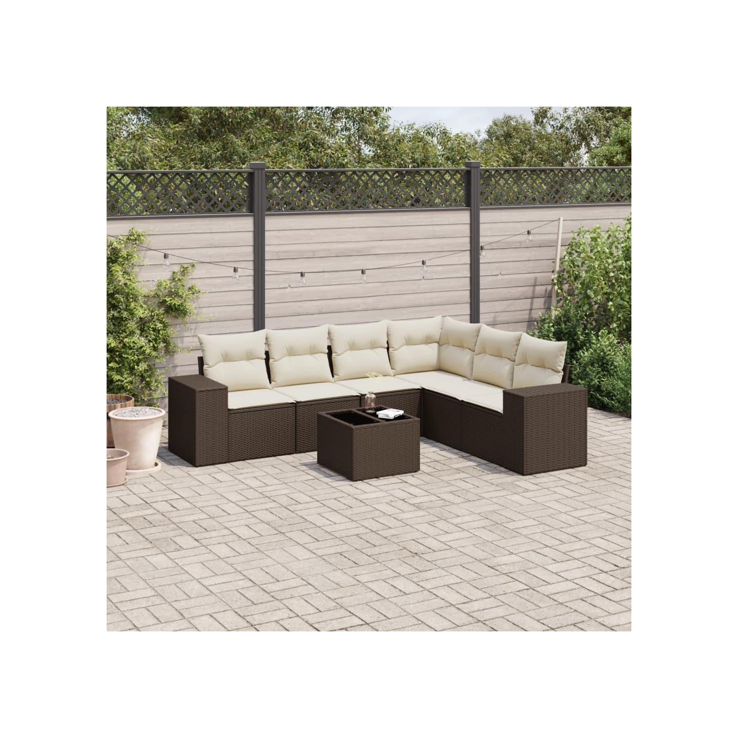 Salon de jardin avec coussins 7 pcs marron résine tressée