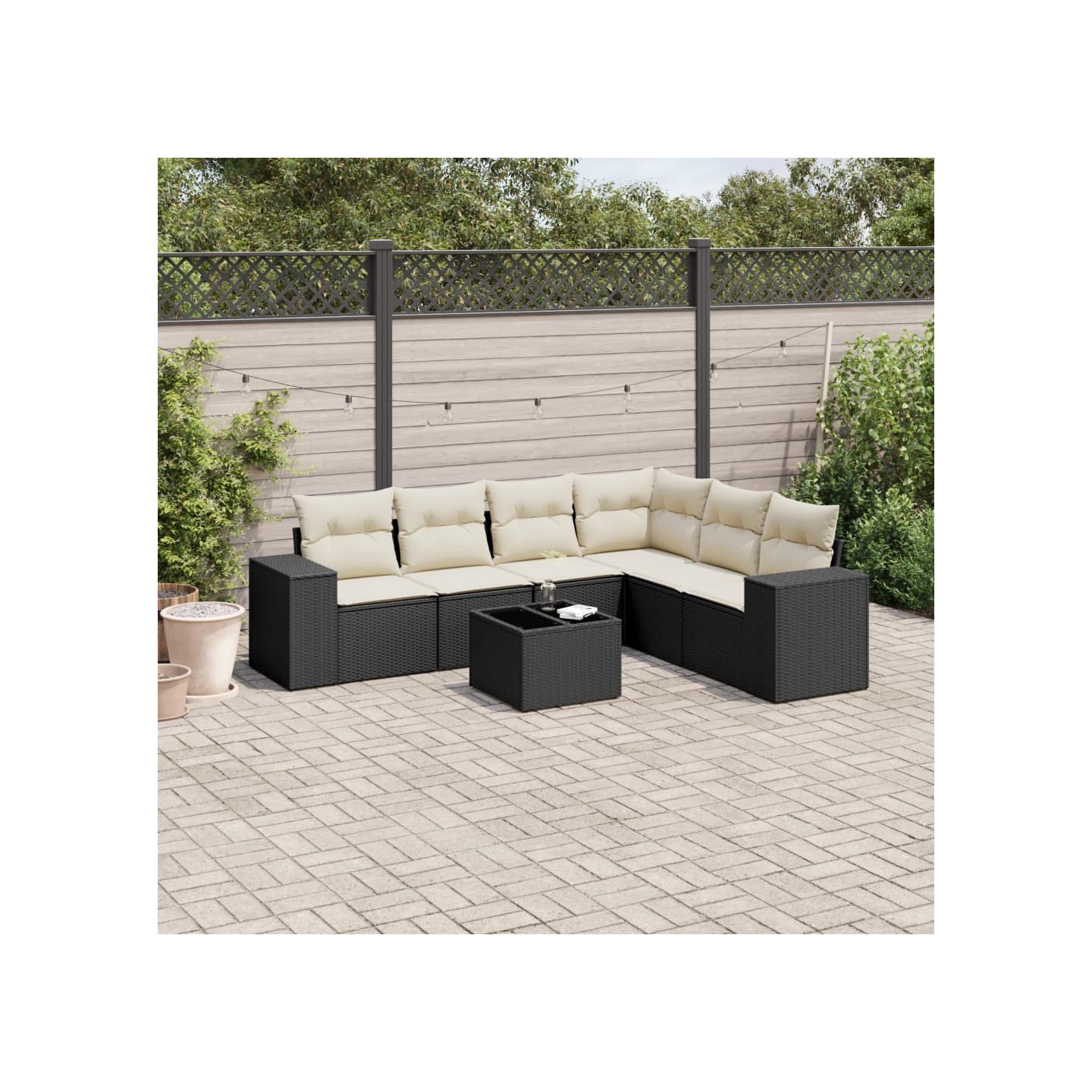 Salon de jardin 7 pcs avec coussins noir résine tressée