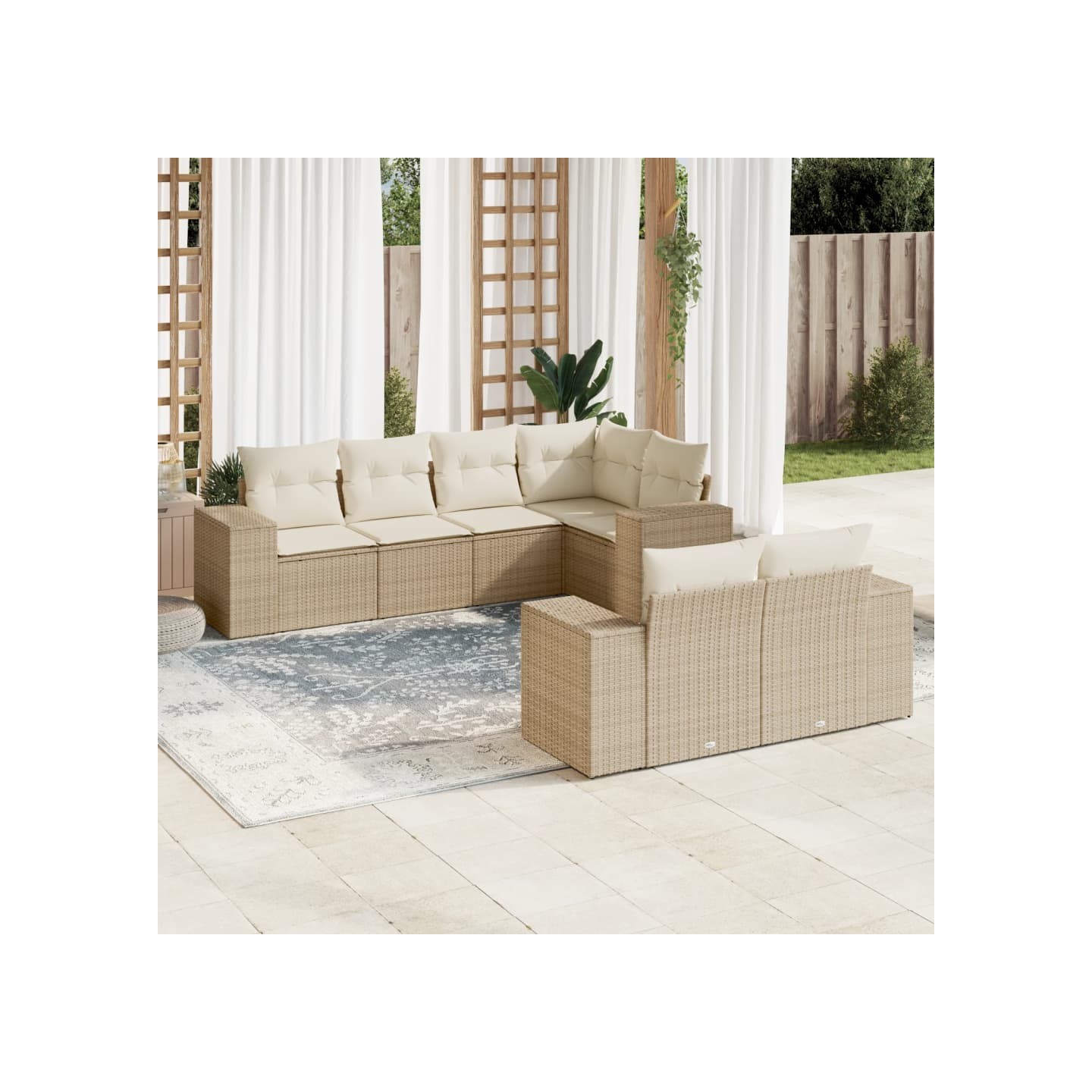 Salon de jardin avec coussins 7 pcs beige résine tressée