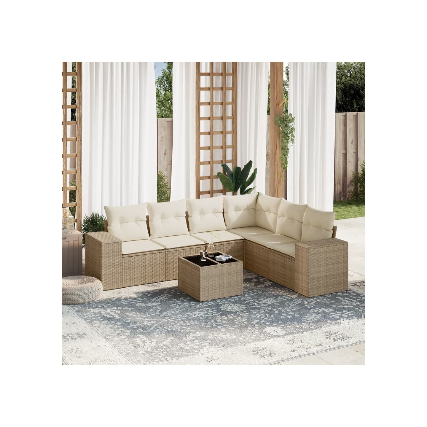 Salon de jardin avec coussins 7 pcs beige résine tressée