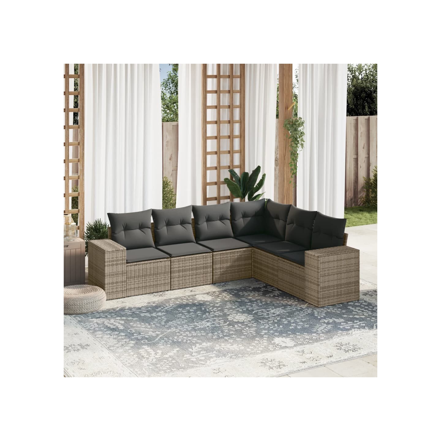Salon de jardin 6 pcs avec coussins gris résine tressée