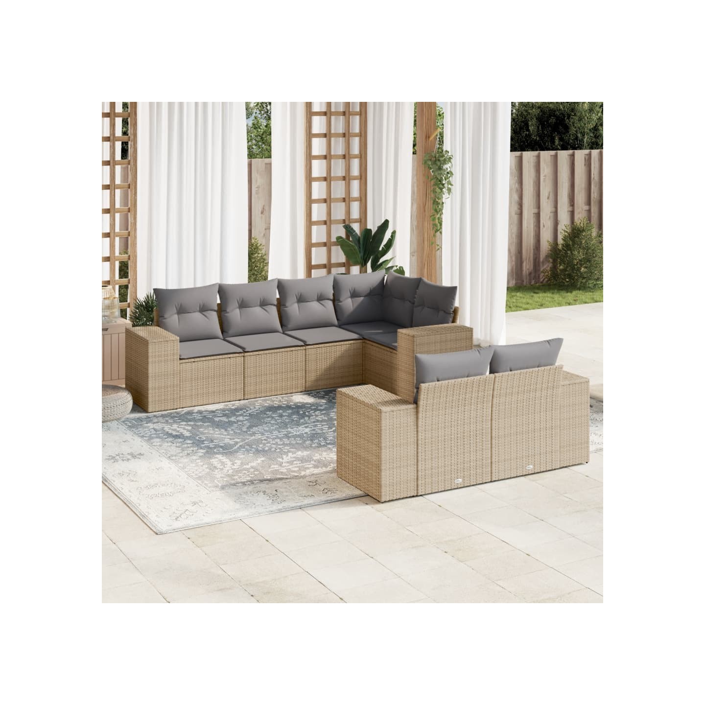 Salon de jardin avec coussins 7 pcs beige résine tressée