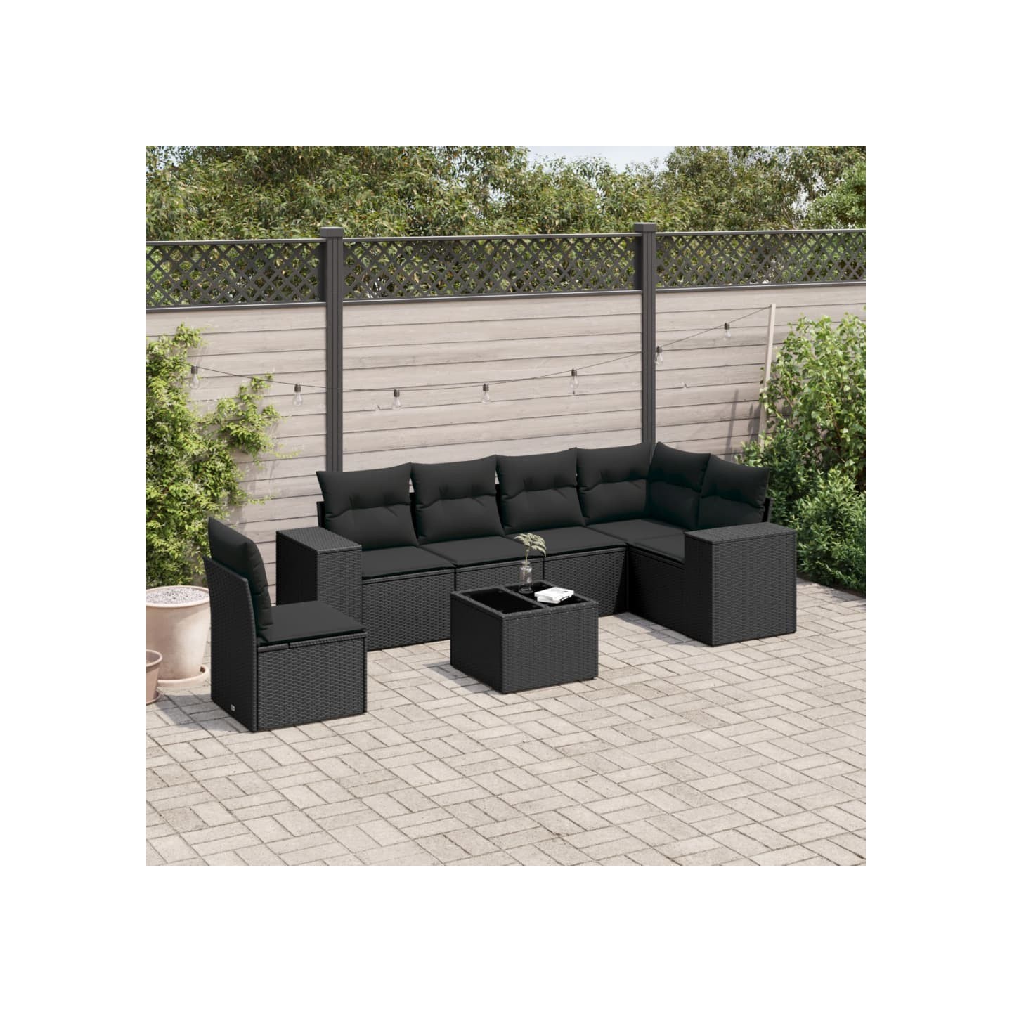 Salon de jardin 7 pcs avec coussins noir résine tressée